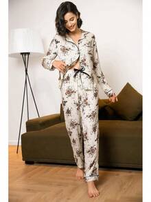 Conjunto de Pijama para Mujer con Cuello Recortado, Estampado Floral, Camisa con Botones y Pantalones Largos, Algodón, 2 Piezas, Ropa de Dormir - Negro - Ver 9