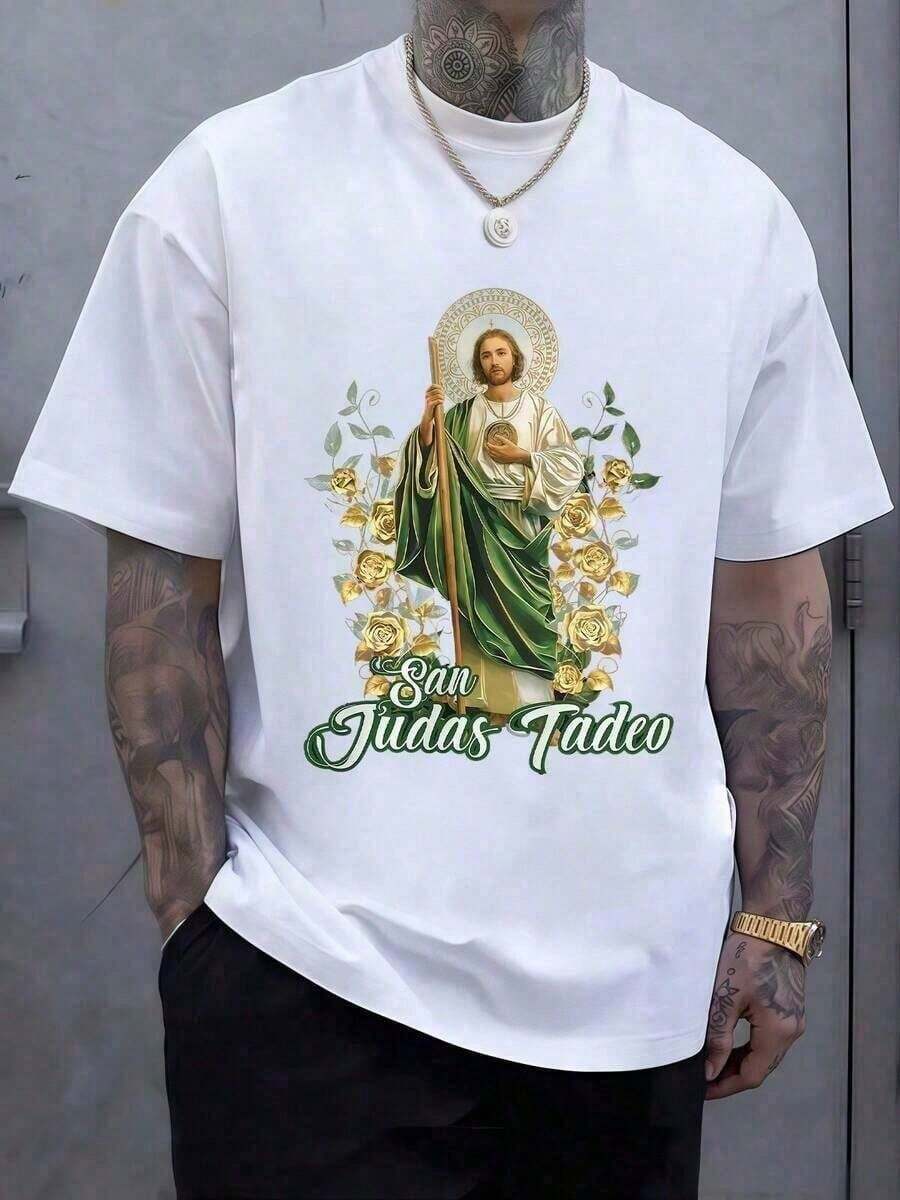 Figure Of Thaddeus Surrounded By Golden Roses That Symbolize Faith, Hope And Spiritual Protection, Conveying A Sense Of Calm And Deep Devotion With A Luminous Background That Reads - White - View 1