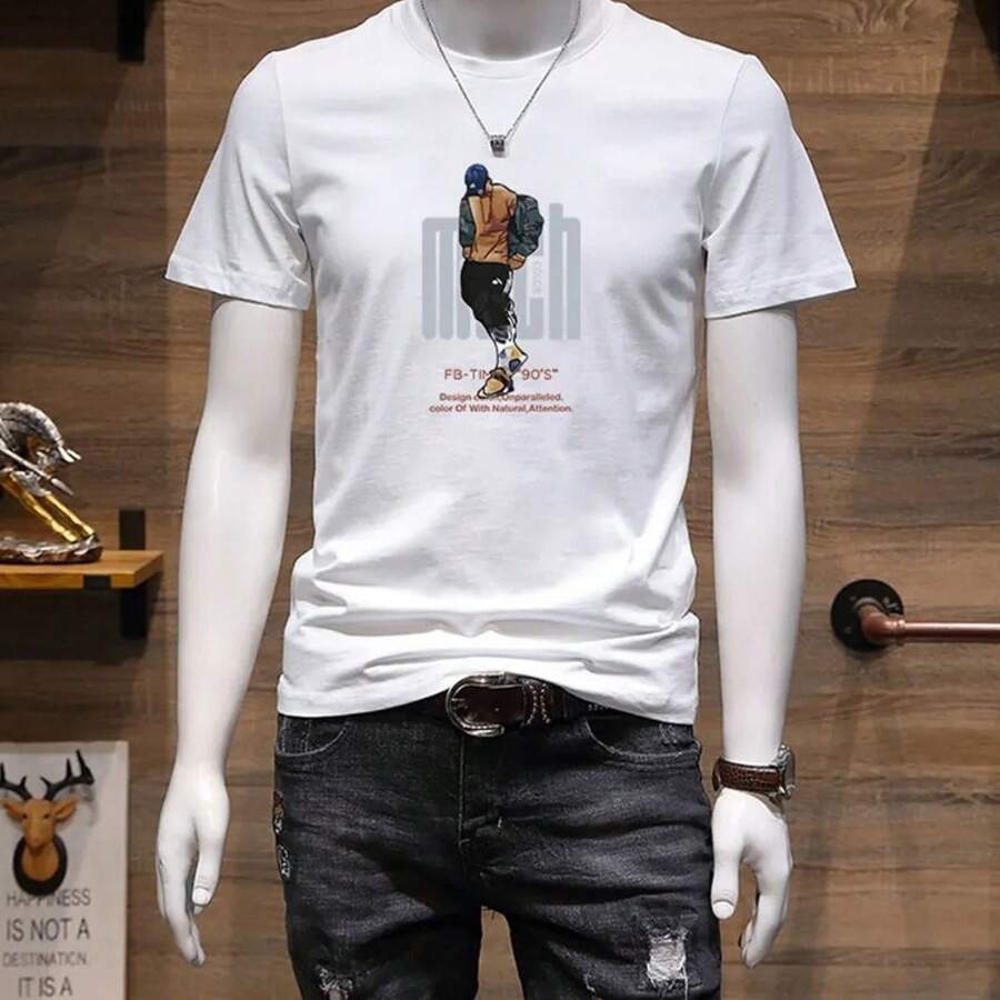 Camiseta de manga corta para hombre de puro algodón, versátil y elegante, de cuello redondo, corte holgado, moderna y versátil. - Blanco - Ver 1