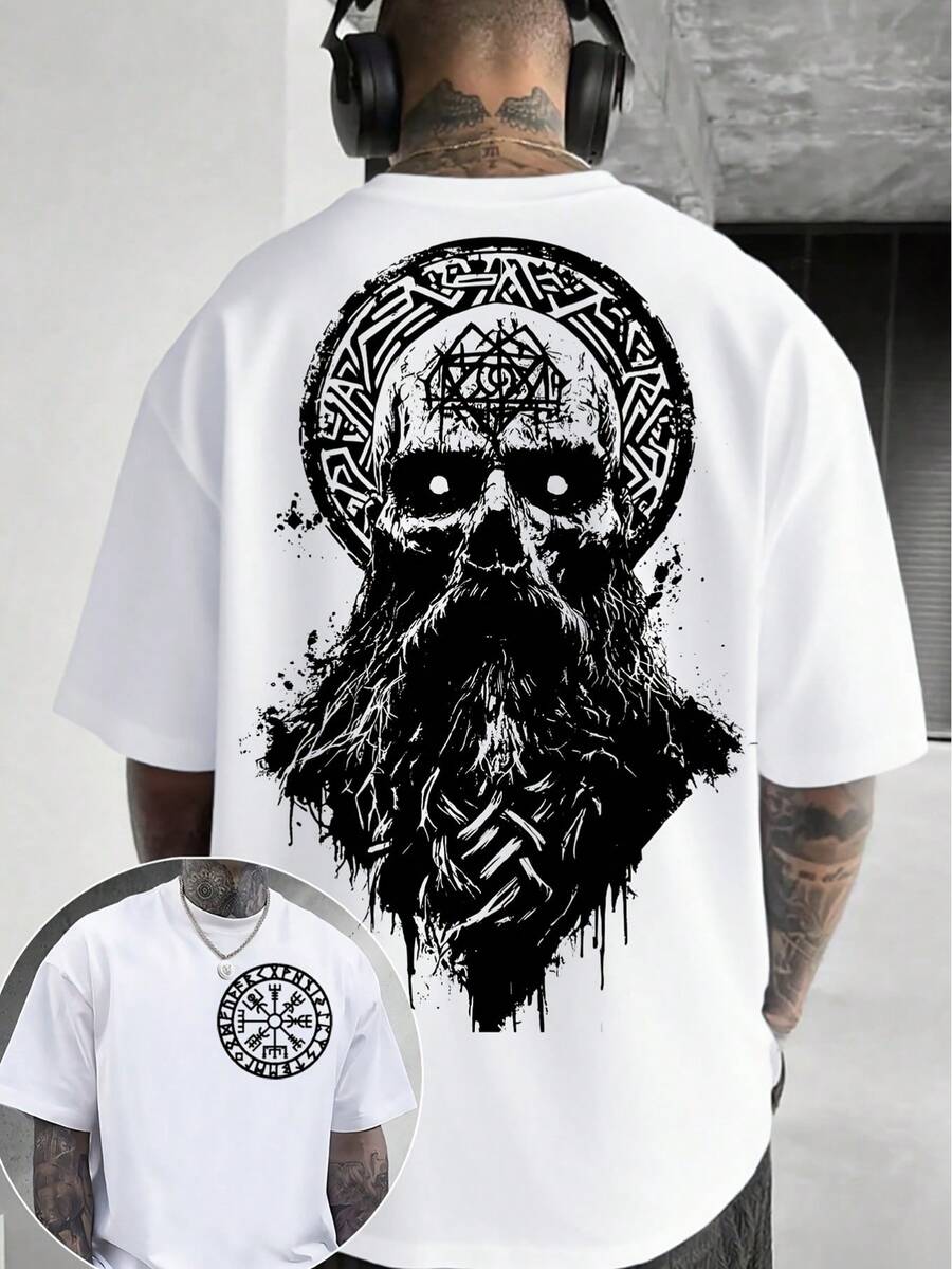 Camiseta de manga corta para hombre con estampado de calavera y barba estilo vikingo, estilo urbano, adecuada para primavera, otoño e invierno, cómoda y versátil,% algodón con liger - Blanco - Ver 1