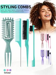 4 Peças Conjunto de Pentes para Penteado, Escova para Cabelo Cacheado (Modelagem Ventilada), Escova de Desfiar, Pente de Cauda de Rato, Escova de Borda (Estilo Palha de Trigo) para Escovação de Borda e Costas, Penteado, Ideal para Todos os Tipos de Cabelo - Multicolorido - Visão 1