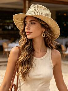 1 pieza Sombrero de paja para mujer, estilo bohemio de fibra de poliéster de moda para exteriores, nuevo estilo, ala ancha, protección solar personalizada, transpirable, unicolor, adecuado para viajes diarios al aire libre - Multicolor - Ver 4