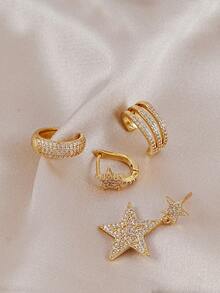 Set de 4 piezas de exquisitos clips y pendientes de estrella de circonita cúbica, aretes apilables de varias capas, adecuados para uso diario, citas y fiestas de mujeres - Amarillo Oro - Ver 6