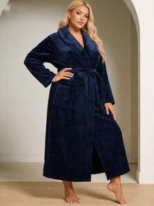 1 pieza Bata de baño de franela gruesa de moda para mujer, con bolsillos, lazo, cuello doblado, suave y cómoda, para relajación corporal, adecuada para ropa de dormir y lencería de mujer de talla grande - Azul Marino - Ver 3