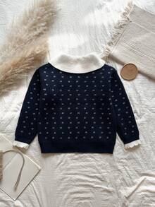 Girls' Korean Style Vintage Geometric Pattern Knit Cardigan With Peter Pan Collar And Open Front - Royal Blue - View 7