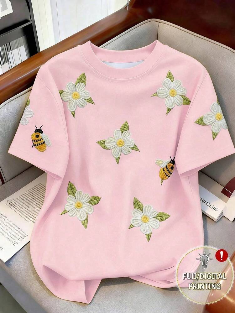 Resyla Camiseta casual con estampado de flores y abejas, verano - Multicolor 4 - Añade 9
