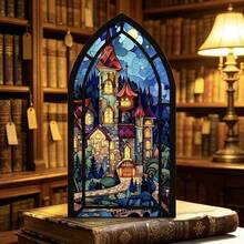 Gothic Stained Glass Fantasy Castle Acrylic Desktop Decor Wooden Starry Sky Bookend House Mori Style Bookshelf Fantasy Enthusiast Gift Decorative Book Room Decor - 1PC - View 4