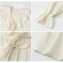 Blusa suelta con cuello en V y cordones para mujer, longitud media con volantes - Albaricoque - Ver 8