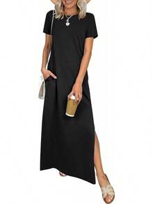 ANRABESS - Vestido largo casual de verano para mujer, manga corta, cuello redondo, dividido, sin arrugas, para viajes, playa, día festivo - Verde bosque - Ver 21