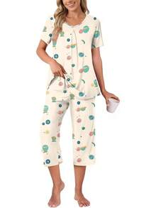 Anyally - Conjunto de pijama de verano para mujer, camisa de manga corta y pantalones capri de 2 piezas, pijama plisado con bolsillos - Margarita Blanca - Ver 12