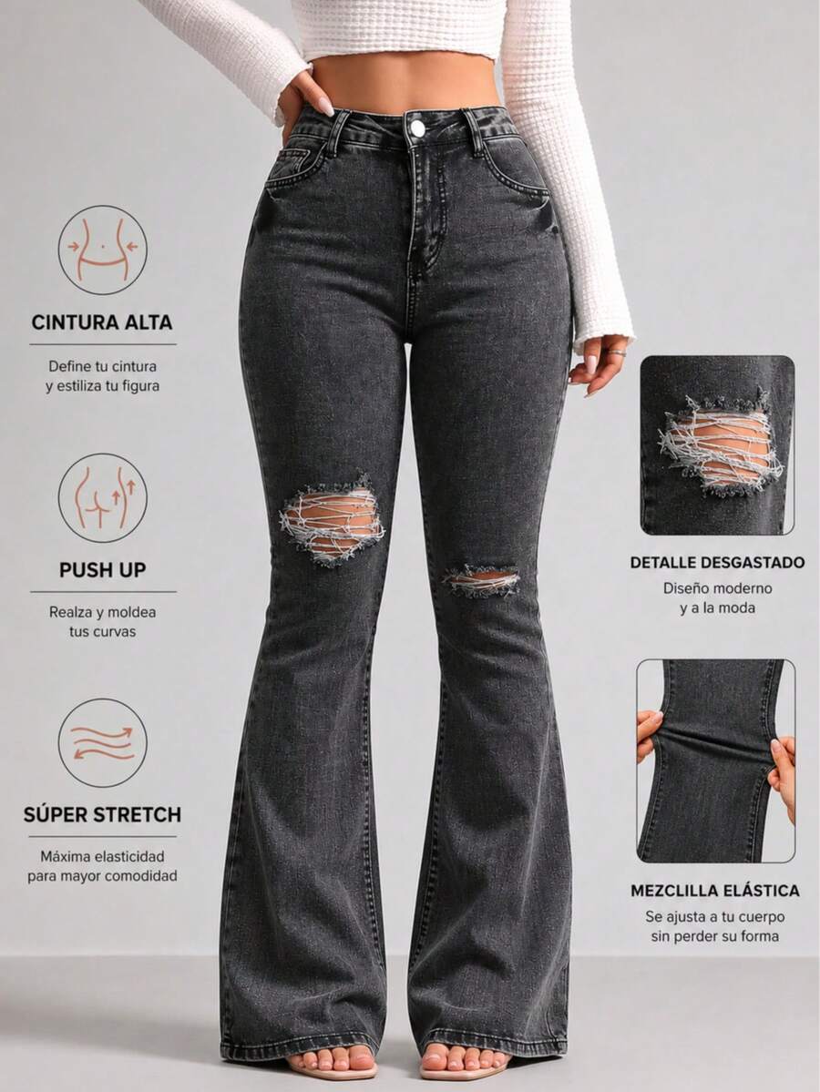 Floor-Length, High-Waisted Flare Trousers With One-Sided Rips At The Knees, High Elasticity, Fitted, Available In Multiple Shades, Retro Flowy Drape - Dark Grey - View 1
