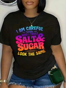 Camiseta de mujer% algodón, ropa de mujer de talla, camiseta de talla, top listo para usar, ropa exterior blanca para mujer, ropa de mujer con estampado en inglés, camiseta - Negro - Ver 3
