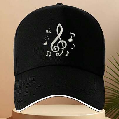 1pc Music Note & Treble Clef 3D Baseball Cap - Adjustable Unisex Lightweight Polyester Hat With White Music Staff Design, Black Casual Outdoor Sports Cap Musicians,, Halloween, Thanksgiving & Casual Attire - Music Lovers,