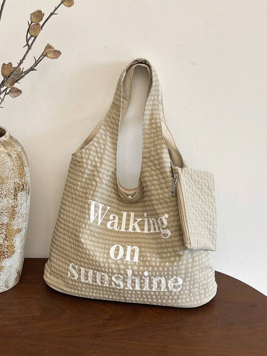Nueva bolsa de hombro de material de nailon de moda casual con rayas sólidas, monedero con textura de gofre, bolso de mano de gran capacidad para mujer, adecuado para ir al trabajo y de comp - Oro rosa - Ver 1