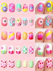 10 Grids 120Pcs Short Square Kids Nail Salon Fake Nails For Girls Cute Butterfly Flower False Nail Kawaii Cartoon Full Cover Manicure Nail Tips Chlidren Christmas Birthday Gift - Multicolor - View 5