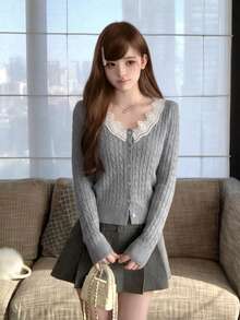 Women's Grey Cable Knit Cardigan, V-Neck Single-Breasted Short Slim Fit Long Sleeve Top, Fluffy Sweater, Korean Style, Ins Style Fall - Grey - View 6