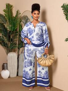 BIUBIU Damen Chic Toile Muster Große Größen Co-Ord Set V-Ausschnitt Aufrollbare Ärmel Kordelzug Top & Weite Hose, Perfektes Sommer Kreuzfahrt Outfit Elegant - Blau - Übersicht 3
