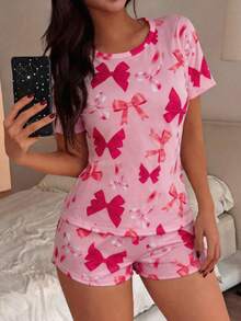 Women's Casual Comfortable Pajama Set, Round Neck Short Sleeve Top And Shorts, Soft Comfortable Minimalist, Bow Print Style, Suitable For Spring And Summer - Hot Pink - View 5
