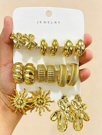 4-6-16PCS Fashionable Elegant Sunflower Geometric Multi- Gold Metallic Earring Set, Women's Fashion Earring Set, Daily Wear, (Lightweight CCB Material, Non-Fading)