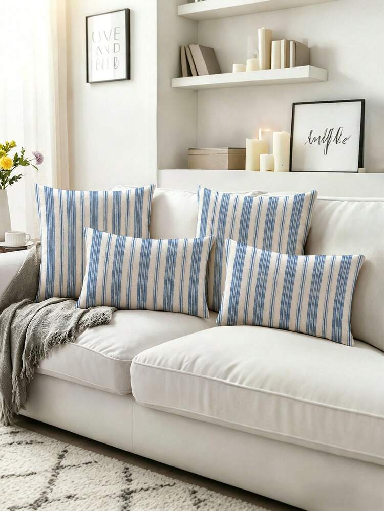 2pcs, Blue And White Striped, Minimalist Line Pillowcase, Zipper Closure, Machine Washable, All Season Decorative Pillowcase, Home Decor, Sofa Cushion Cover, Suitable For Bedroom, Living Room, Sofa, Car, Chair Cushion (No Pillow Insert) - Seaside Relaxed Blue - View 8