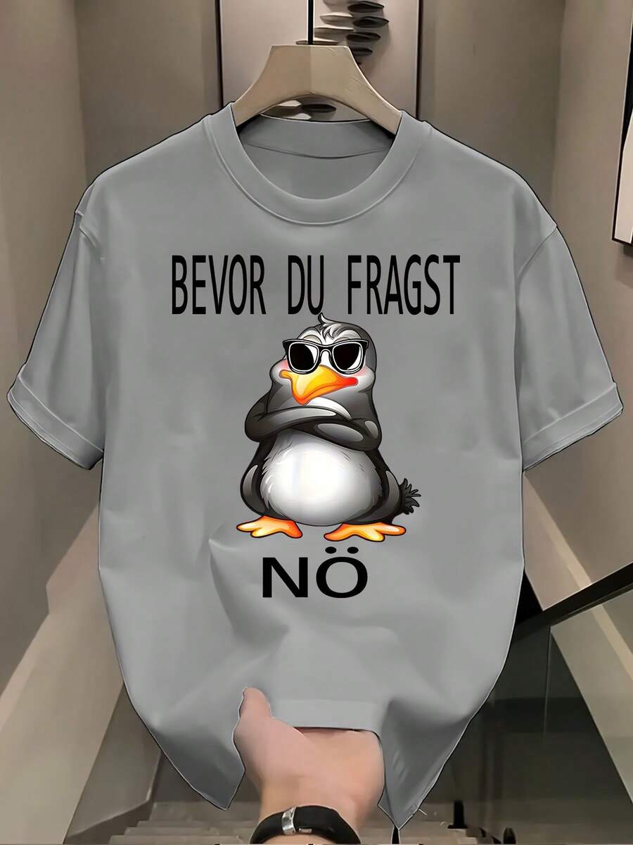 Funny German Text Penguin Graphic T-Shirt - "BEVOR DU FRAGST NO" Funny Saying With Cute Animated Penguin In Fashion Glasses - Regular Fit Crew Neck Te - 白色 - 查看 1