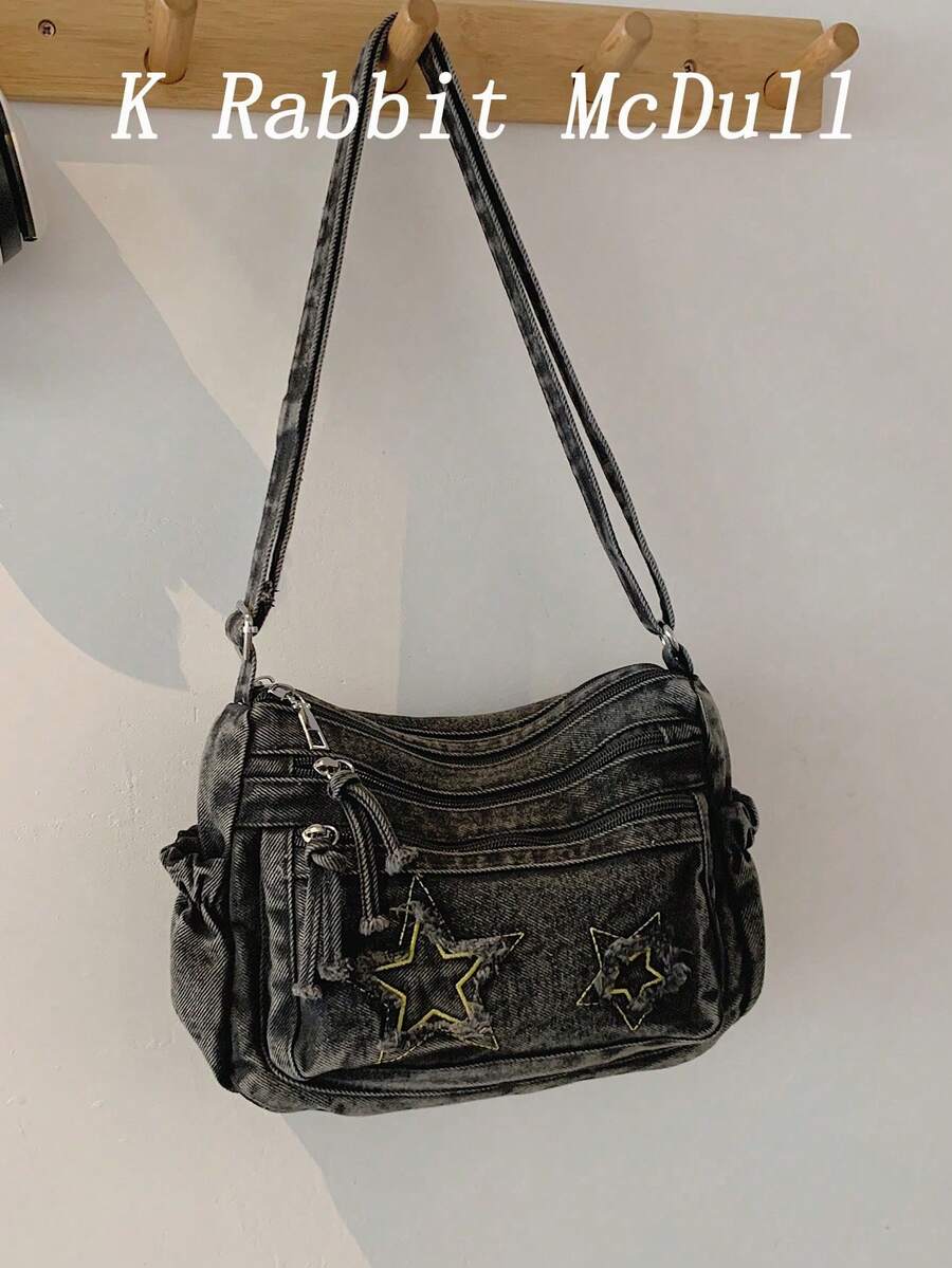 Nuevo bolso bandolera casual chic de mezclilla suave multicapa conúltiples bolsillos, versátil, adecuado para trabajo, compras y viajes. - Verde - Ver 1