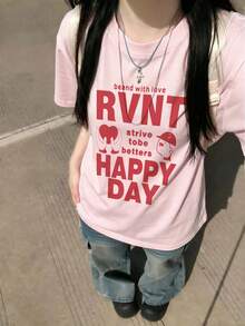 Kaos Anak Perempuan Gaya Y2K Generasi Z Terbaru Musim Panas, Warna Merah, Motif Bahasa Inggris, Kerah Bulat, Warna Pink Kasual - Berwarna merah muda - View 3