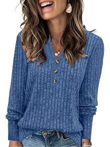 1pc Women's Ribbed Fashion Long Sleeve V-Neck Casual Loose Fit Sweatshirt - Light Blue - View 1
