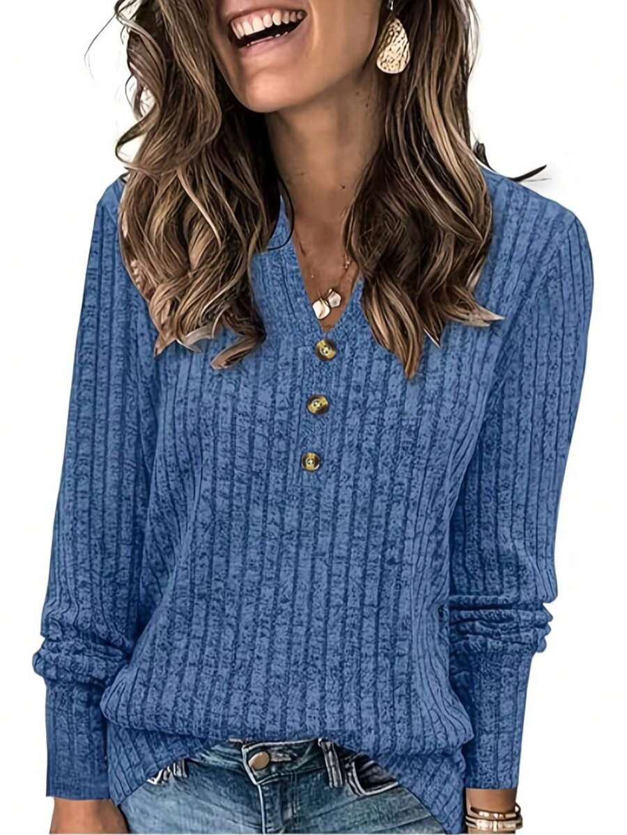 1pc Women's Ribbed Fashion Long Sleeve V-Neck Casual Loose Fit Sweatshirt - Light Blue - View 1