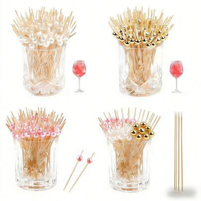 200/100/50/20PCS Pearl Bamboo Skewers, Cocktail Party Fruit Picks, 4.7 Inch Pearl Toothpicks, Suitable For Appetizers, Natural Bamboo Food Skewers, Can Be Used For Valentine's Day, Wedding, Birthday Party Decoration, Fruit Platter Decoration, Appetizer Skewers, Dessert Utensils, Decorative Toothpicks