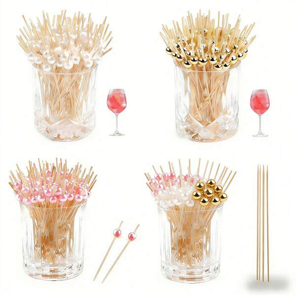 10PCS Disposable Wooden Bamboo Skewers, Suitable For Kitchen, Restaurant, Fruit Salad, Wedding, Party And Other Occasions, Round Bead Design,