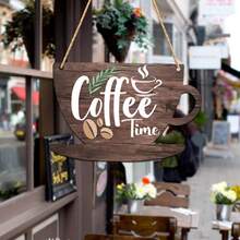 Rustic Farmhouse Coffee Cup Shaped Wooden Hanging Sign, Coffee Time Coffee Bean & Leaf Print Distressed Wooden Plaque With Jute Rope, Kitchen Coffee Bar Wall Decor, Home Coffee Station Decorative Gift For Coffee Lovers - Coffee Brown - View 4