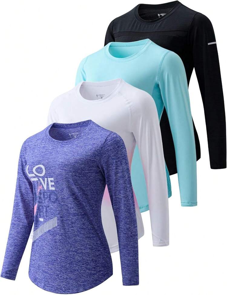 Paquete de 4 camisetas de manga larga para mujer con agujeros para el pulgar, camisetas de entrenamiento atléticas de ajuste seco con cuello redondo - Negro, morado, turquesa, rosa degradado - Añade 8
