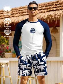 Set de 2 piezas de traje de baño para hombre con estampado de árbol de coco, de manga larga y shorts, hawaiano, para vacaciones - Multicolor 2 - Ver 13