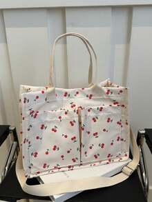 Bolso de compras ligero y casual con diseño de cerezas yúltiples bolsillos, de gran capacidad, con asa y correa ajustable, adecuado para mujeres para compras, trabajo, hospitales, salidas, - Blanco - Ver 1