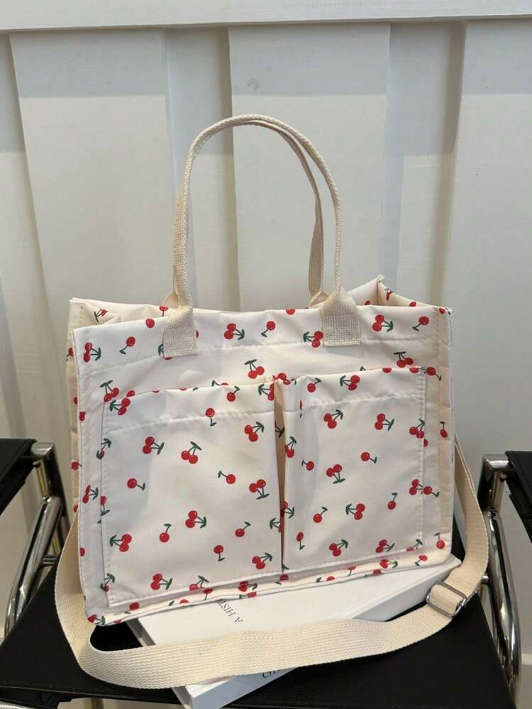 Lightweight And Casual Shopping Bag With Cherry Design And Multiple Pockets, Large Capacity, With Handle And Adjustable Strap, Suitable For Women For Shopping, Work, Hospitals, Outings, - 白色 - 查看 1