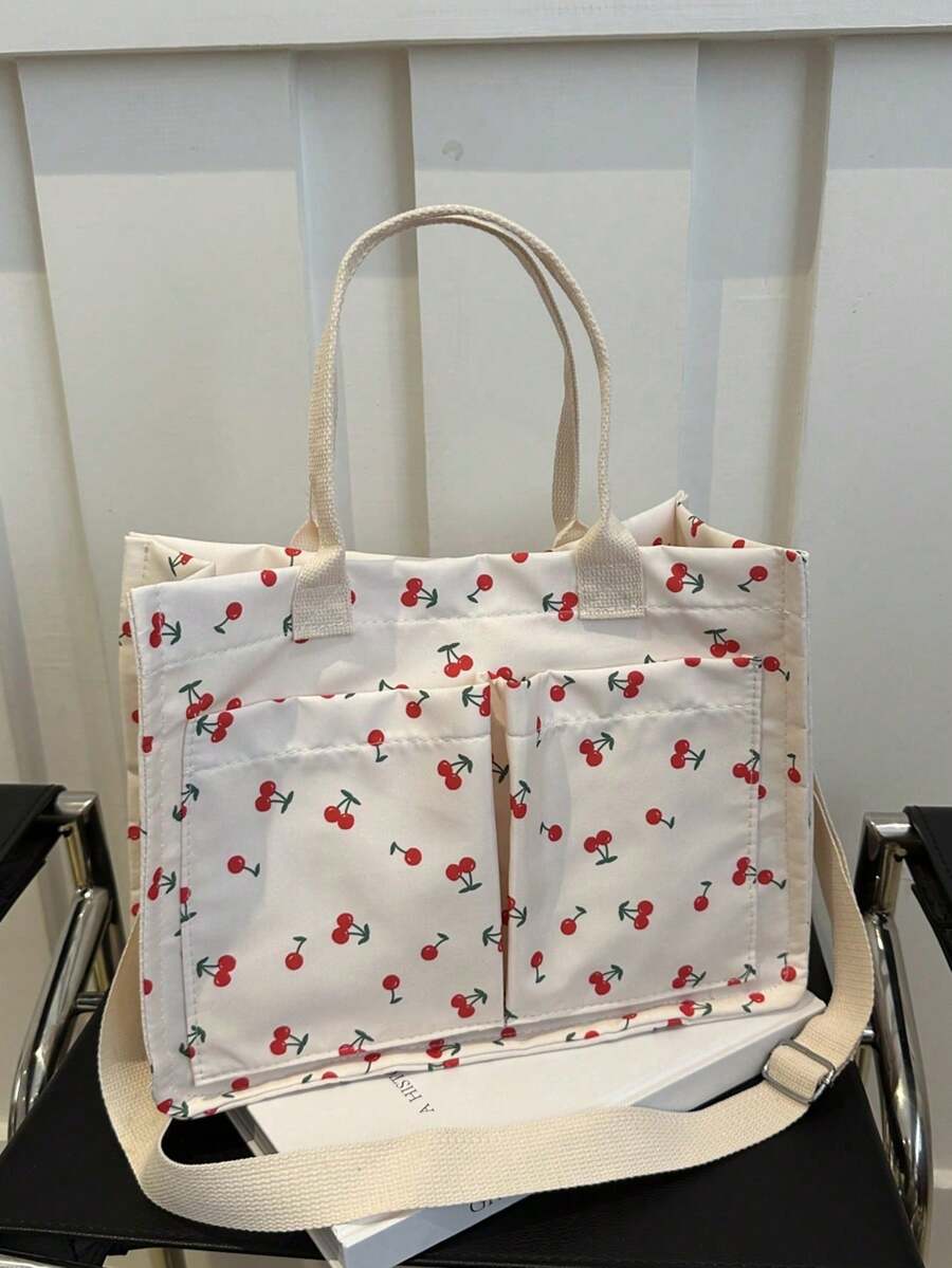 Bolso de compras ligero y casual con diseño de cerezas yúltiples bolsillos, de gran capacidad, con asa y correa ajustable, adecuado para mujeres para compras, trabajo, hospitales, salidas, - Blanco - Ver 1