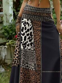 Plus Size Women's Leopard Print Digital A-Line Skirt, Bohemian Style Knit Fabric, Suitable For Casual Daily Wear Vacation Summer - Black and Brown - View 4