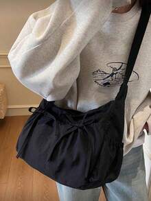 Black Anti-Wrinkle Nylon Shoulder Bag, Drawstring Pleated Pocket, Adjustable Wide Strap, Soft Large Capacity Casual Shoulder Bag, Ideal Choice For Minimalist Street Girls, Perfect For Daily Outings, Coffee Dates, Weekend Shopping And City Walks. - Black - View 2