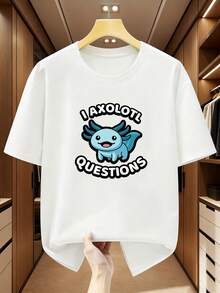 Camiseta de algodón talla grande para hombre con estampado de ajolote - Camiseta gráfica de salamandra de dibujos animados linda "I Axolotl Questions", camiseta casual de manga corta y cuello redondo para verano - Blanco - Ver 1