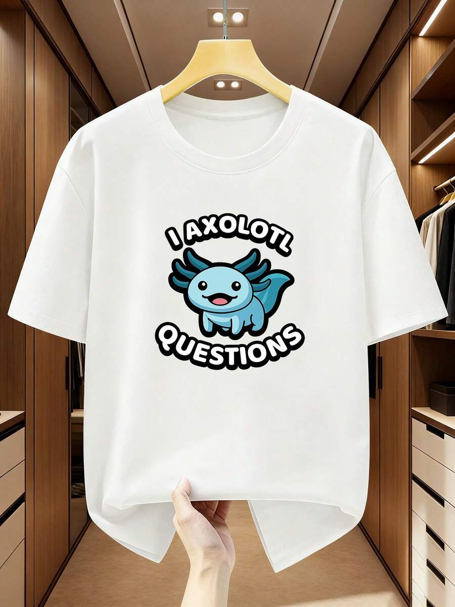 Camiseta de algodón talla grande para hombre con estampado de ajolote - Camiseta gráfica de salamandra de dibujos animados linda "I Axolotl Questions", camiseta casual de manga corta y cuello redondo para verano - Blanco - Ver 1