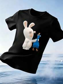Camiseta de hombre con estampado de conejo divertido, estilo hip-hop urbano, transpirable, dise?o gráfico. - Negro - Ver 1