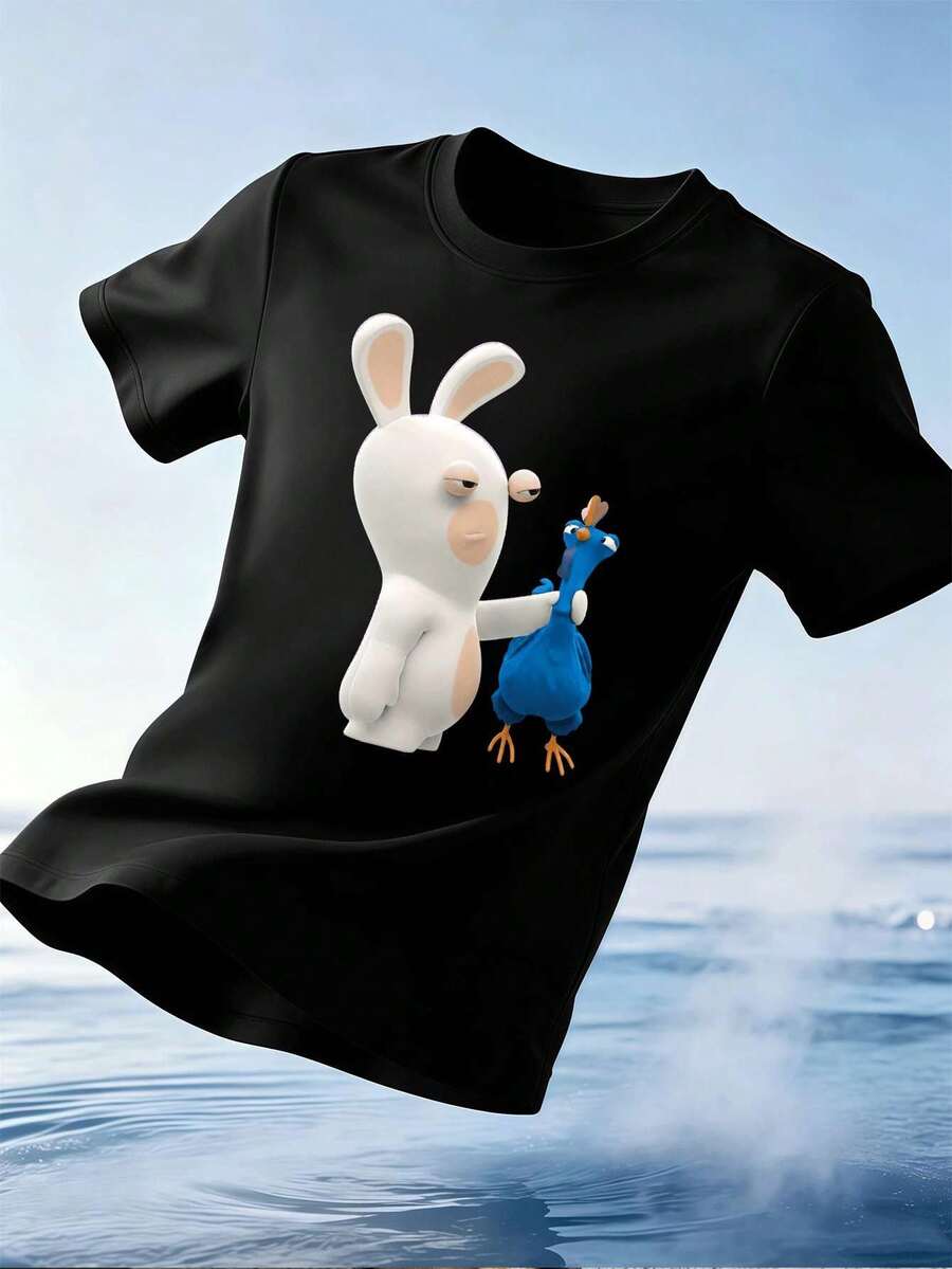 Camiseta de hombre con estampado de conejo divertido, estilo hip-hop urbano, transpirable, dise?o gráfico. - Negro - Ver 1