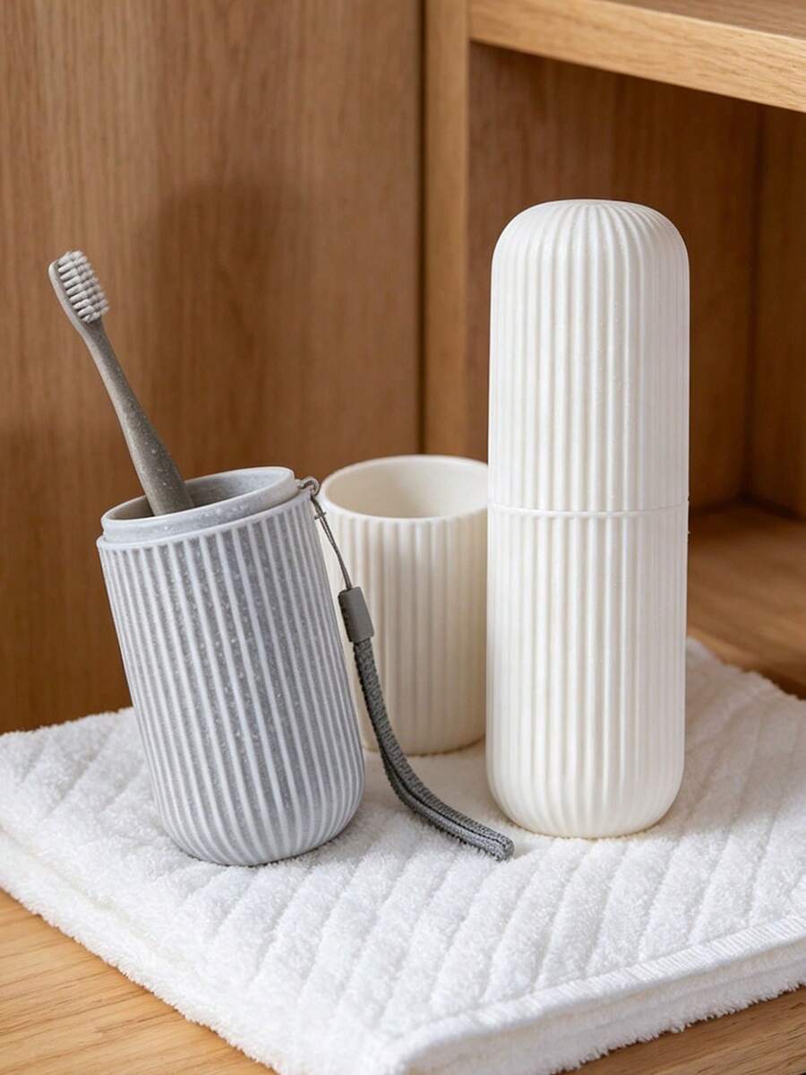 1pc Vertical Striped Travel Toothbrush Holder Cup, Portable Toothbrush Cup With Lid, Suitable For Travel, Camping, Business Trip And School, Multi-Purpose Toothbrush And Toothpaste Set, Rinse Cup Toothbrush Cup Toothbrush Holder Set With Toothbrush And Toothpaste, Home Bathroom Decor, Back To School Supplies - Multicolor - View 1