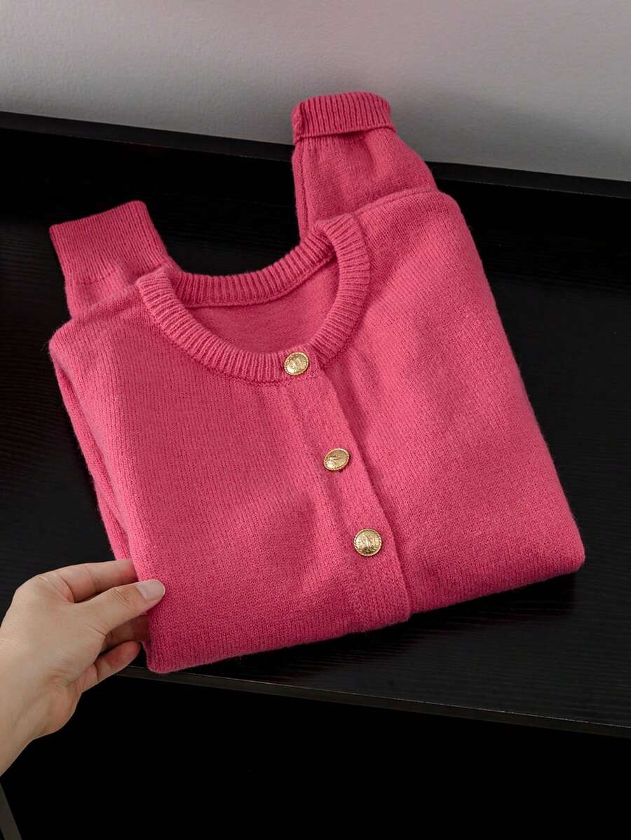 Autumn/Winter New Dragon Fruit Red Round Neck Knitted Cardigan, Paired With Exquisite Metal Gold Buttons, Simple And Clean. Delicate Soft Knitted Fabric, Long Sleeve Ribbed Cuffs, Solid Color Versatile And Eye-Catching, Brightens Complexion, Great For Wearing Alone Or Layering, Gentle And Attractive. - Hot Pink - View 1