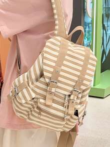 1pc Minimalist Large Capacity Multi-Pocket Striped Backpack - Khaki - View 5