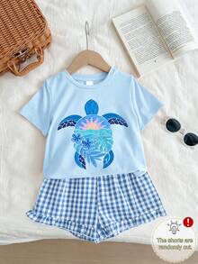 2pcs/Set Summer Girls Casual Loose Turtle Print Short Sleeve T-Shirt And Plaid Shorts, Random Cut, Minimalist Style, Suitable For Home, Outdoor Activities & Daily Wear - Baby Blue - View 3