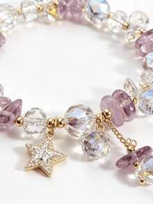 1pc Minimalist Sexy Aesthetic Fairy Style Y2K Iridescent Crystal Bracelet, Exclusive For Teenage Girls, Gold Zirconia Star Pendant With Tassel, Elastic Band, Jewelry, Suitable For Prom, Graduation Season, Music Festival, Daily Wear, Best Friend Birthday, Valentine's Day Gift - Multicolor - View 3