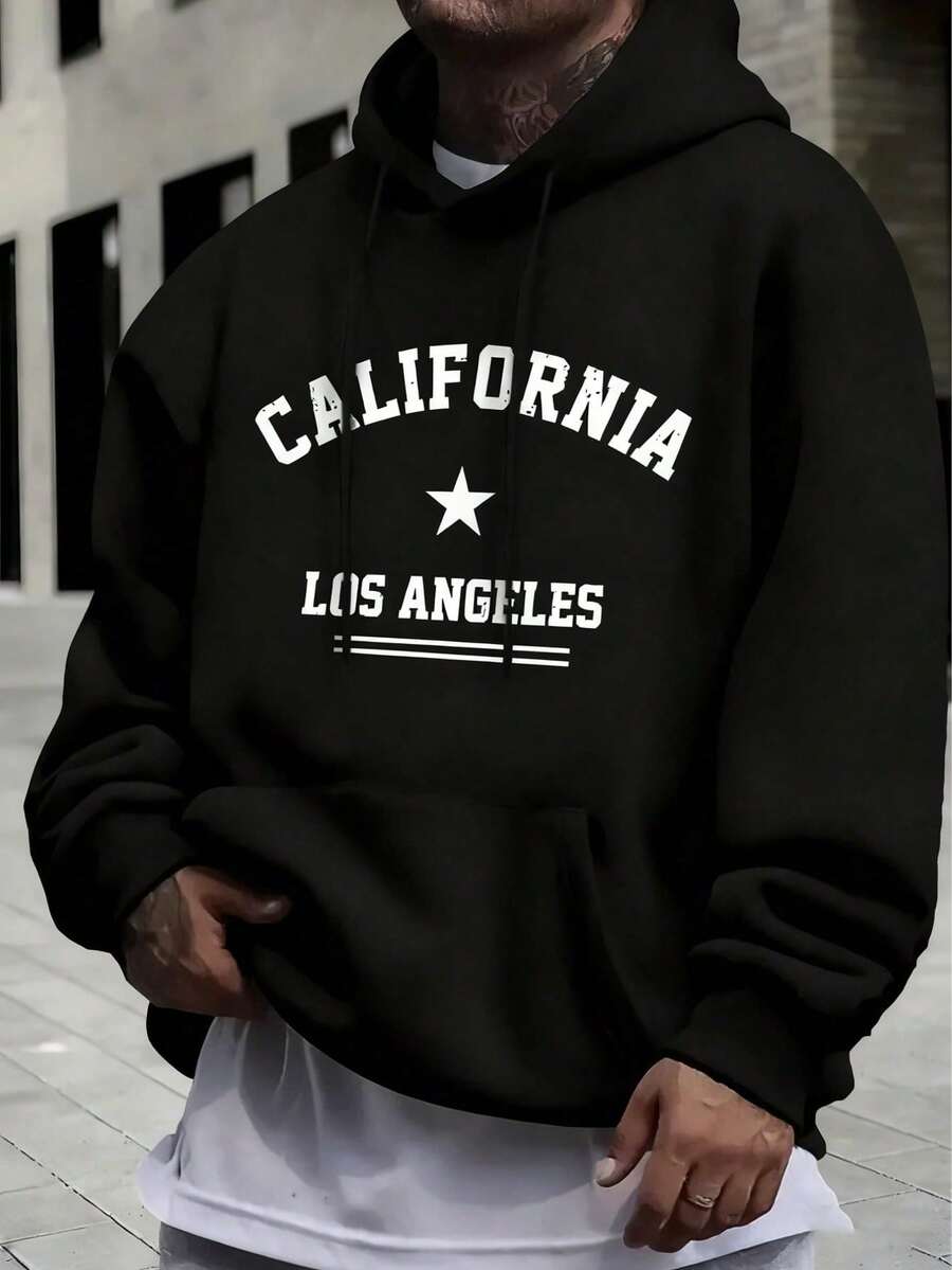 Men's Long-Sleeved Hoodie With Thermal Lining, Featuring A Print Of Forest Camping Elements And Outdoor Landscapes, Autumn/Winter - 黑與白 - 查看 1
