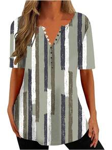 Ceboyel - Camisas Henley con estampado floral para mujer, cuello en V, sexy, casual, de manga corta, blusas elegantes para mujer - Negro #13 - Ver 21